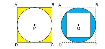 As figuras mostram um círculo de centro P inscrito em um quadrado ABCD e um quadrado de centro Q inscrito nesse mesmo círculo